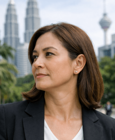 A woman in professional attire looking thoughtfully to the side, with the Petronas Twin Towers and Kuala Lumpur Tower visible in the background.