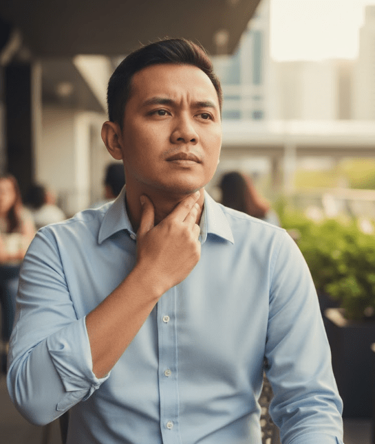 A contemplative man in a light blue shirt, with his hand on his throat, sitting in an outdoor café.