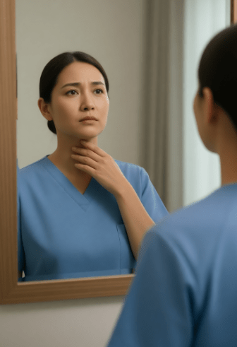 A healthcare professional in blue scrubs looking thoughtfully at her reflection in a mirror, with one hand touching her throat.