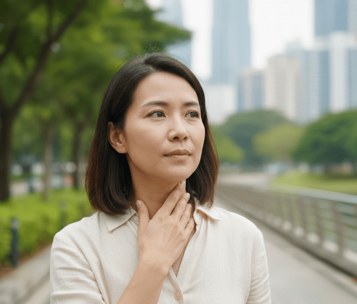 A woman in a light-coloured shirt stands outdoors, touching her throat while looking thoughtfully ahead. The background features greenery and modern buildings.