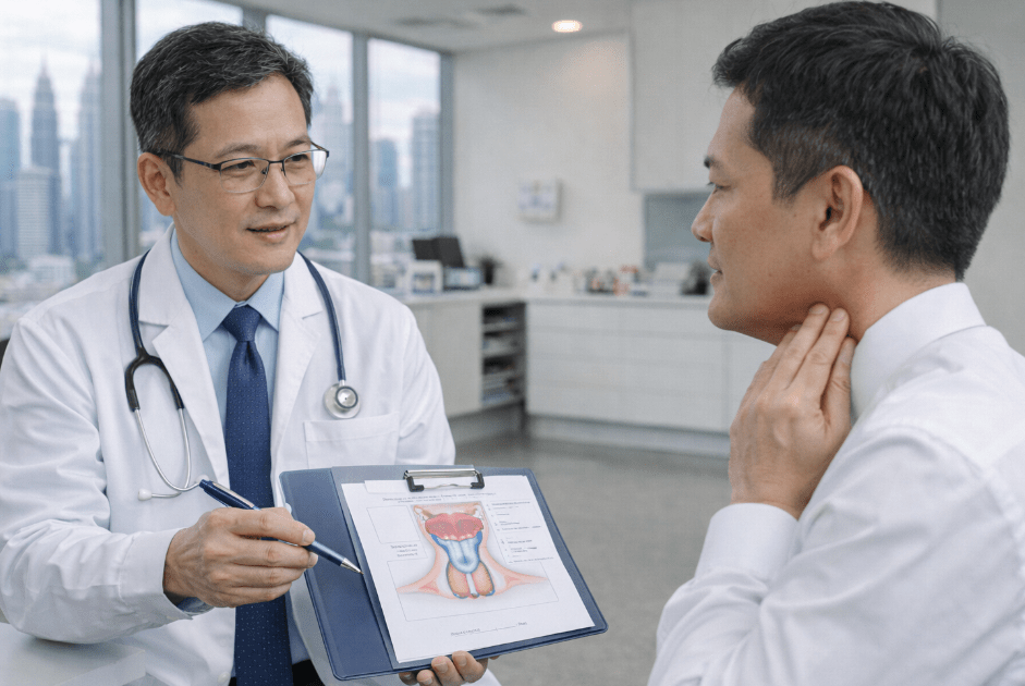 A doctor in a white coat discussing a throat examination with a patient in an office setting, holding a clipboard with an illustration of the throat anatomy.