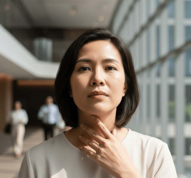 A woman with short dark hair stands in an office corridor, gently touching her throat with a thoughtful expression, while two people walk in the background.