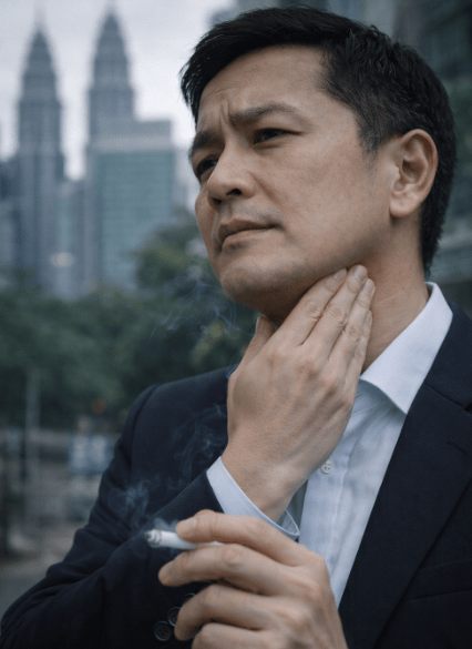 A man in a suit thoughtfully touching his throat while holding a cigarette, with skyscrapers in the background.