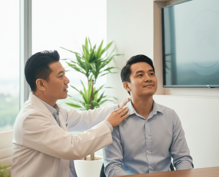 A healthcare professional in a white coat examines a patient sitting in an office, with natural light and greenery in the background.