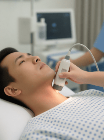 A patient undergoing a medical examination, with a healthcare professional using an ultrasound device on their neck.
