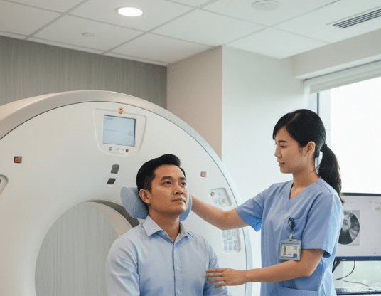 A healthcare professional adjusts the head support of a patient sitting in front of a CT scanner in a clinical setting.