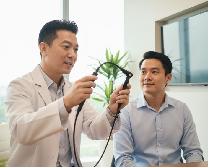 A doctor in a white coat demonstrating a medical instrument to a patient during a consultation, with a plant and a window in the background.