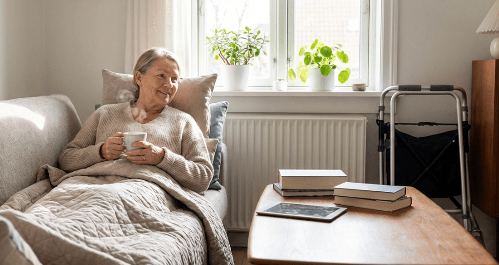 An elderly woman sitting on a sofa, wrapped in a blanket and holding a cup, with a warm expression. In the background, sunlight filters through a window with potted plants, and a coffee table displays books and a tablet.