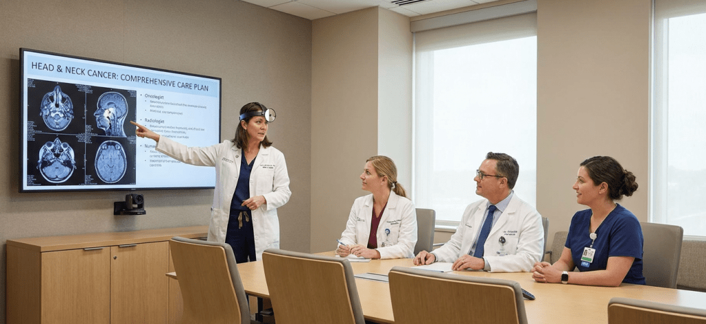 A medical professional presents a care plan for head and neck cancer to a group of three colleagues in a conference room, with medical imaging displayed on a screen.
