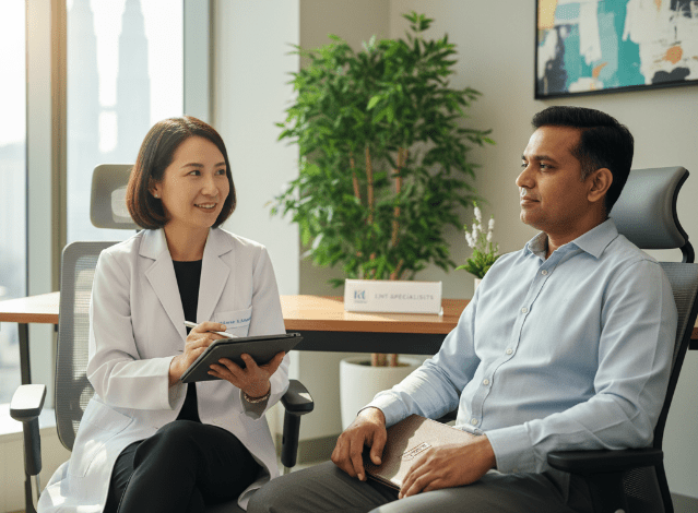 A female doctor in a white coat consulting with a male patient in an office setting, discussing medical concerns.