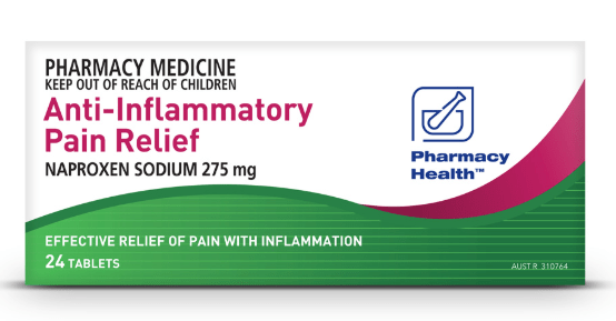Packaging for Anti-Inflammatory Pain Relief medication containing Naproxen Sodium 275 mg, with 24 tablets. Features the logo of Pharmacy Health.