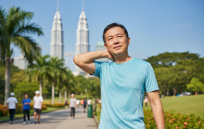 A middle-aged man in a blue athletic shirt stands outside, stretching his neck. In the background, the Petronas Towers are visible among lush greenery and walking people.
