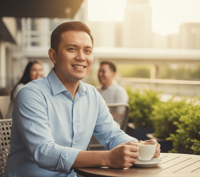 A man smiling while holding a cup of coffee at an outdoor cafe table, with a cityscape in the background.