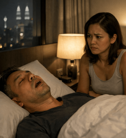 A woman looks concerned while a man sleeps soundly in bed. The city skyline is visible through the window.