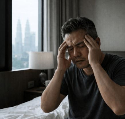 A man sitting on a bed, holding his head with both hands, appearing distressed or in pain, with a city skyline visible through a window in the background.