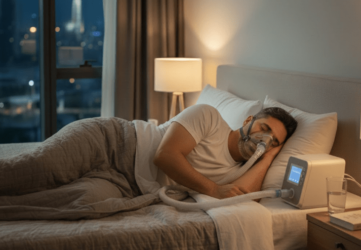A man sleeping in bed wearing a CPAP mask, with a machine on the bedside table, in a dimly lit room.
