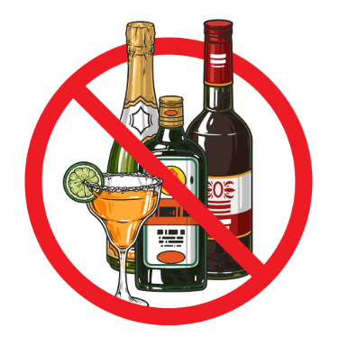 Illustration of various alcoholic beverages including a champagne bottle, a cocktail glass, and spirits, with a red prohibition symbol overlaid.