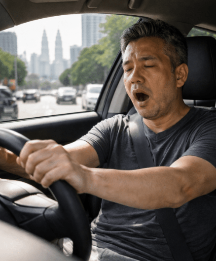 A man driving a car appears tired and yawning, with city buildings in the background.