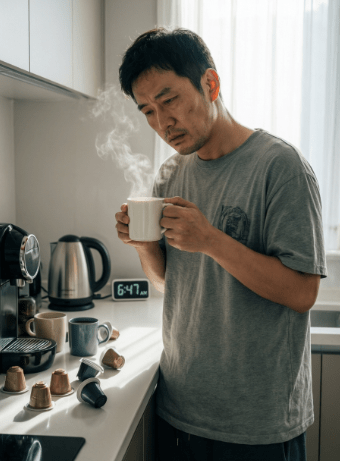 A man in a grey t-shirt holding a steaming cup of coffee in a modern kitchen, looking contemplative. Various used coffee capsules are scattered on the counter, and a clock shows 6:47 AM.