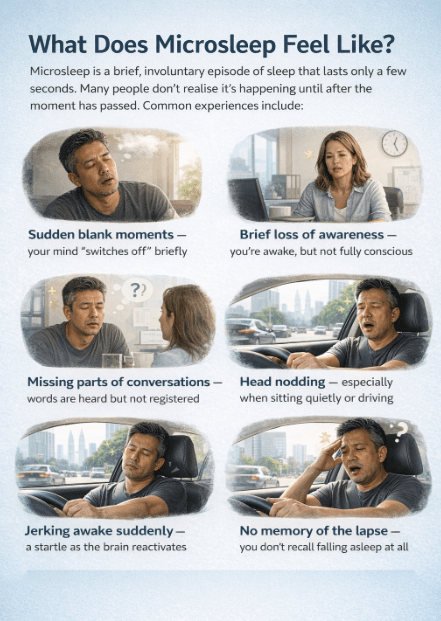 Infographic illustrating common experiences of microsleep, including sudden blank moments, brief loss of awareness, missing parts of conversations, head nodding, jerking awake suddenly, and lack of memory of the lapse.