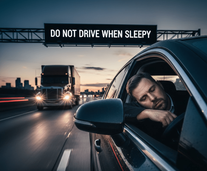 A man sleeping in a car with a truck passing by on the road, and a large sign overhead that reads 'DO NOT DRIVE WHEN SLEEPY'.