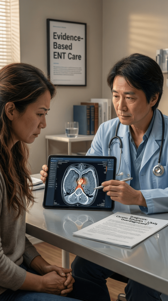 A doctor showing a patient an MRI scan on a tablet while discussing a diagnosis in a medical office.