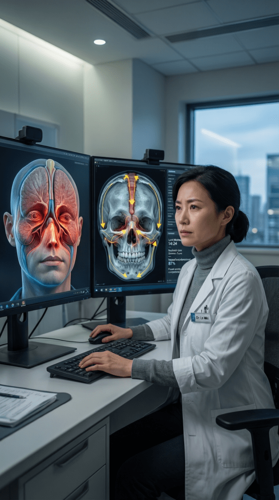 A medical professional in a lab coat analysing detailed 3D anatomical images of the human skull and face on dual monitors in a modern office setting.