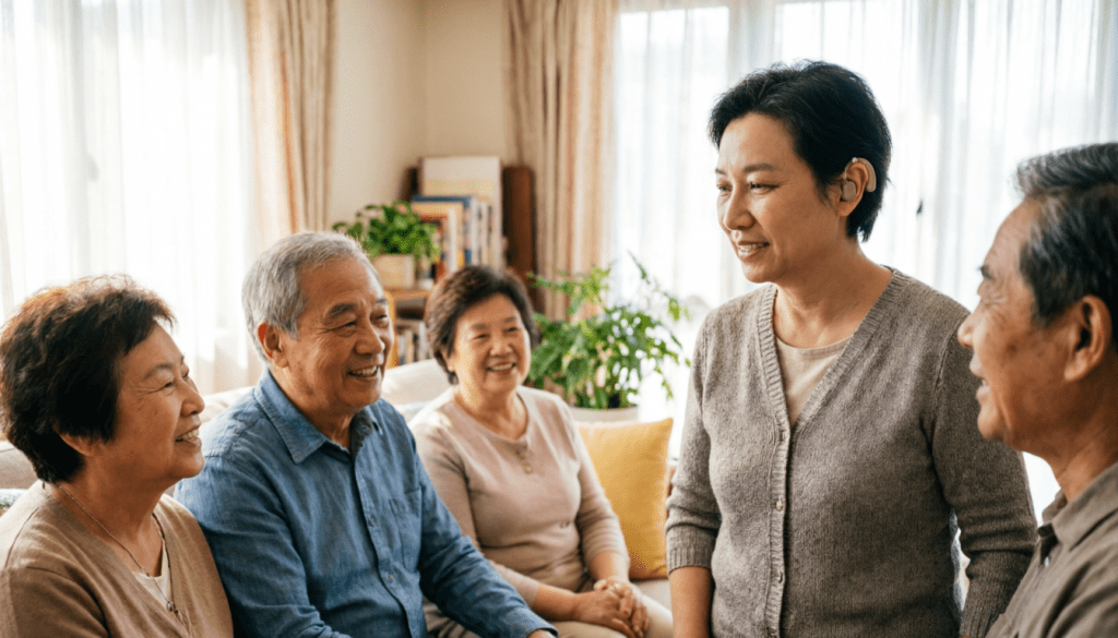 A group of five older adults sitting together in a bright living room, engaging in conversation and smiling.