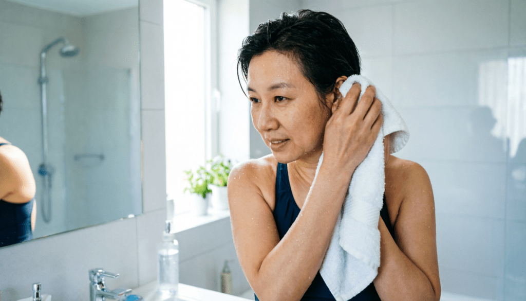A woman drying her hair with a towel in a bathroom, standing in front of a mirror, wearing a swimsuit.