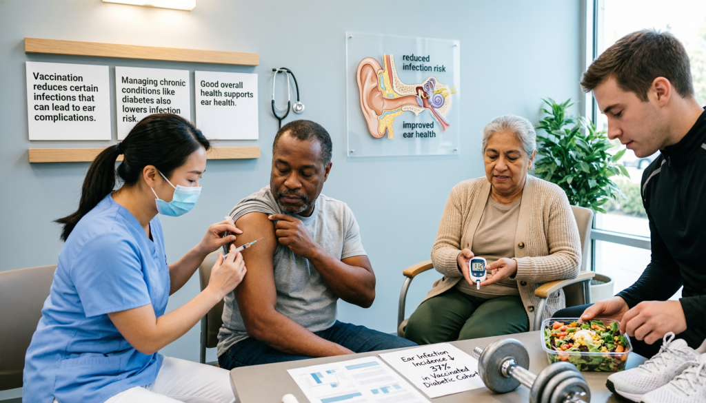 A healthcare professional administers a vaccination to a middle-aged man, while an elderly woman checks her health monitor and a young man prepares a healthy meal, highlighting a focus on health and wellness.
