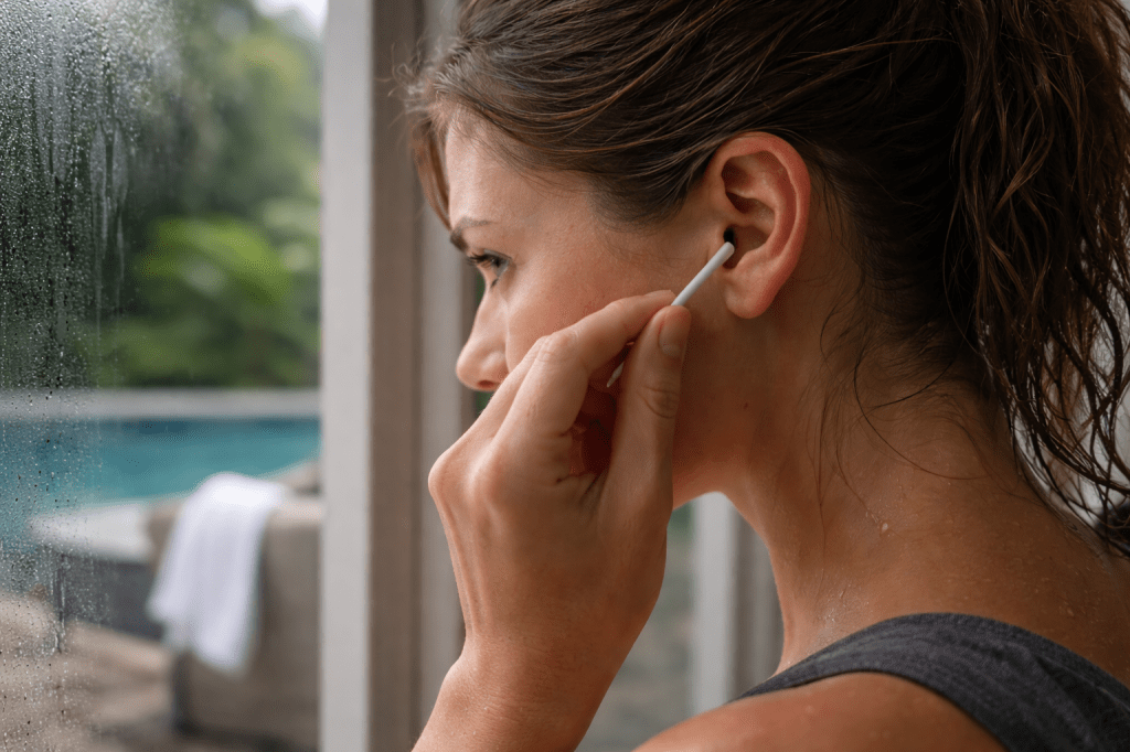 A woman standing near a window with fogged glass, using a cotton swab to clean her ear while wearing wireless earbuds.