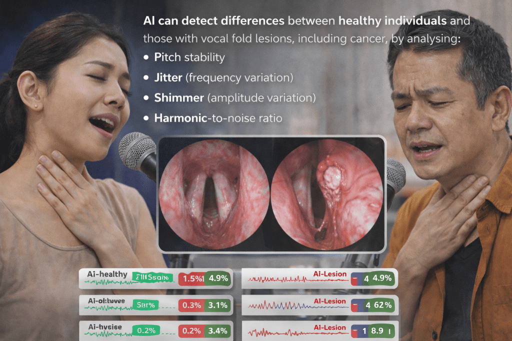 A woman and a man singing while holding their throats, indicating vocal strain. An inset shows a close-up view of vocal folds with indications of lesions. Text highlights how AI can differentiate between healthy individuals and those with vocal fold lesions by analysing pitch stability, jitter, shimmer, and harmonic-to-noise ratio.