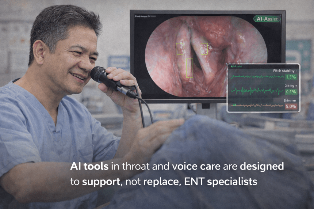 An ENT specialist using a microphone to support throat and voice care, with a monitor displaying a visualisation of vocal cords and AI analysis data.