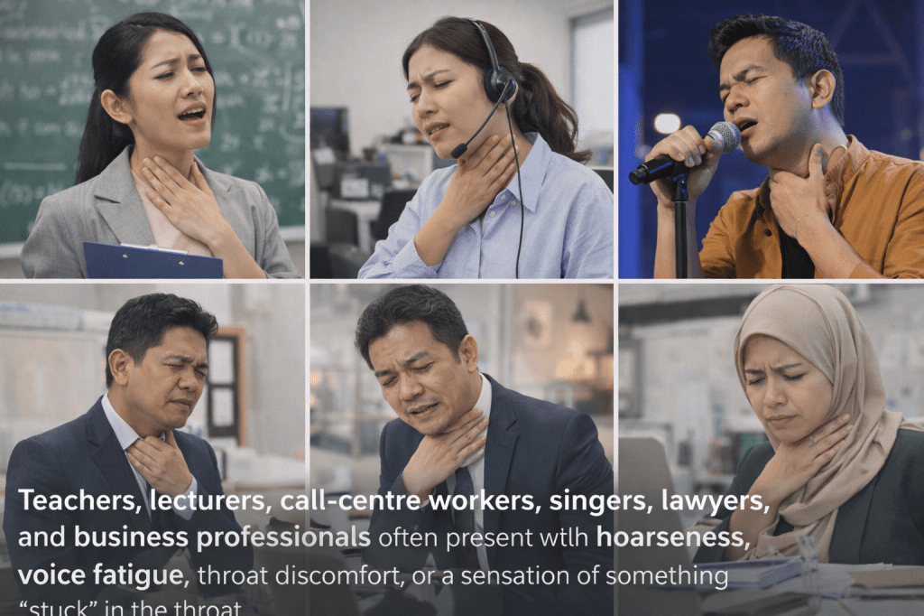 A collage of six individuals exhibiting signs of throat discomfort. The top row features a female teacher speaking, a call-centre worker wearing a headset, and a male singer performing. The bottom row shows a business professional holding his throat, a concerned lawyer, and a woman in a hijab expressing discomfort.