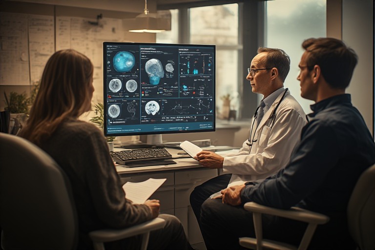 A doctor discussing patient data displayed on a large screen with two patients in a modern medical office.