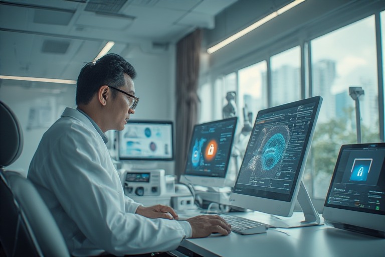 A scientist in a white lab coat working on a computer in a modern lab, with multiple monitors displaying data related to security and technology.