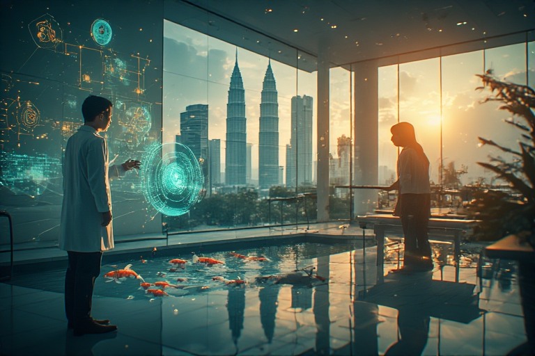 A futuristic scene featuring two individuals in a modern interior overlooking a city skyline. One person, wearing a lab coat, interacts with a holographic display, while the other stands nearby, both gazing at an aquarium with koi fish in the foreground and the Petronas Towers in the background during sunset.