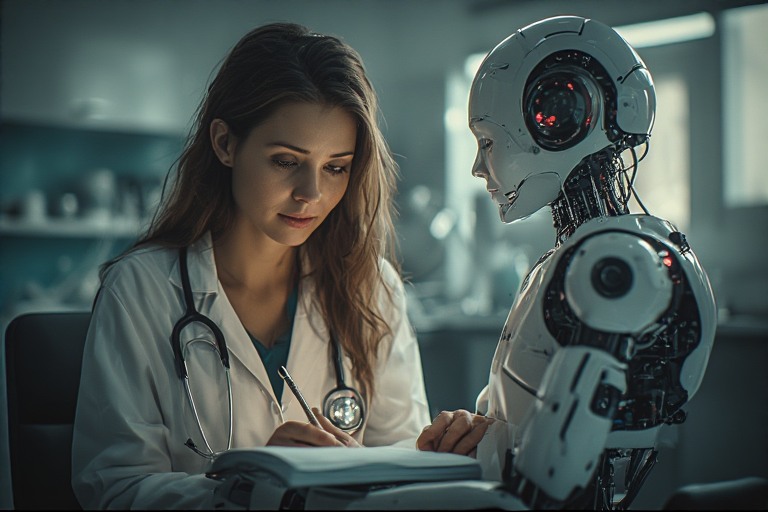 A female doctor in a white coat sits at a desk, writing notes while observing a humanoid robot beside her in a clinical setting.