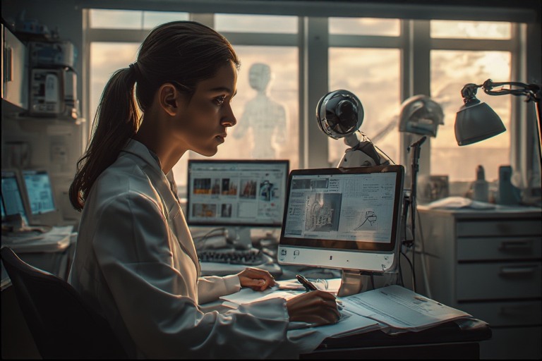 A focused female researcher in a white lab coat examines documents and data on her computer in a modern laboratory filled with technology and light from a window.