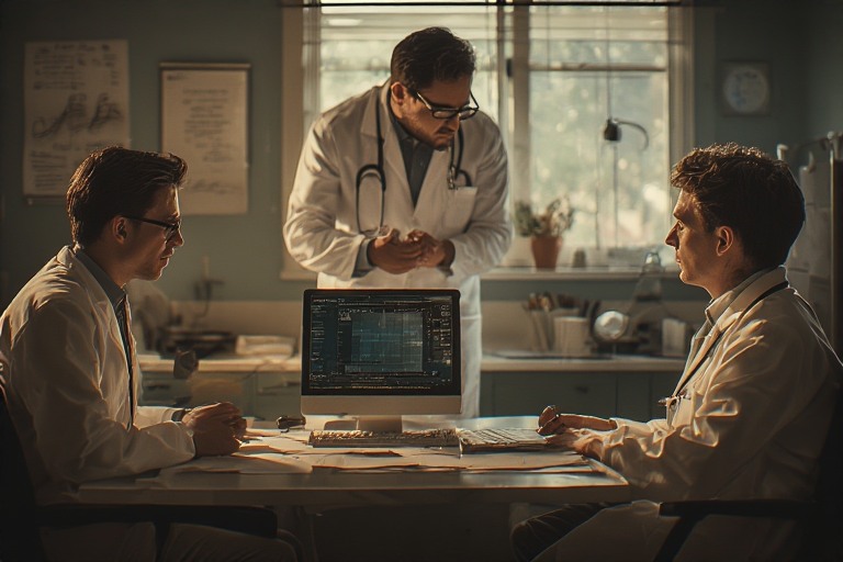 Three medical professionals in a doctor's office discussing data, with one doctor standing and two seated at a table, facing a computer screen displaying medical information.