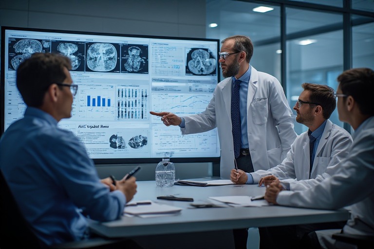 A medical team of four professionals in white lab coats engaged in a discussion during a presentation, with a large screen displaying medical imaging and data in the background.