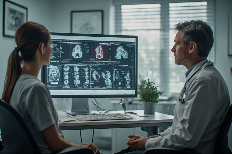 A doctor and a nurse are discussing medical imaging scans displayed on a computer screen in a modern clinic setting.