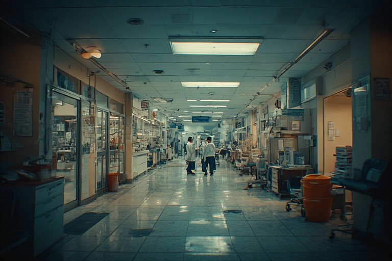 A dimly lit hospital corridor with medical staff walking, rows of glass cabinets, and various medical equipment visible along the sides.