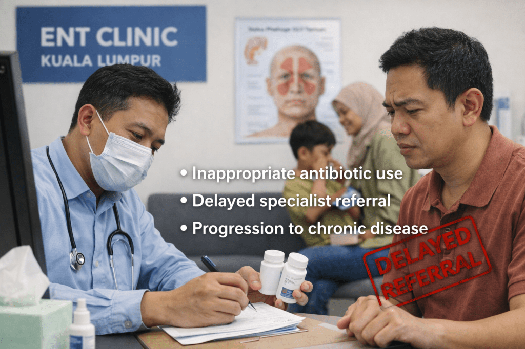A doctor discussing medication options with a patient in an ENT clinic, highlighting issues like inappropriate antibiotic use, delayed specialist referral, and progression to chronic disease.