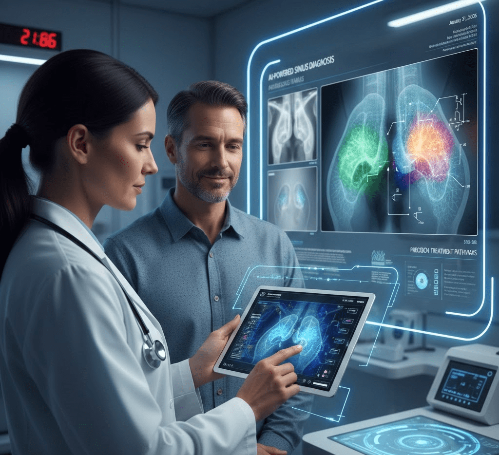 A healthcare professional explaining a digital analysis of lung images to a patient, with advanced technology and medical graphics displayed in a clinical setting.