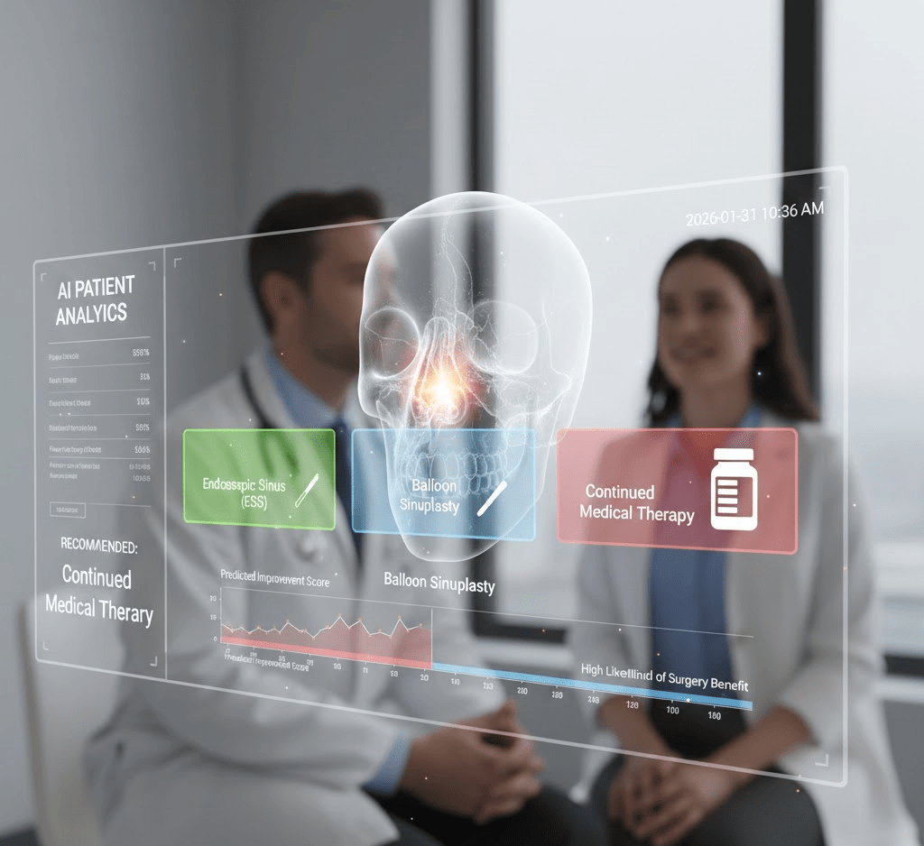 A futuristic medical consultation with a holographic display showing AI patient analytics, including options for Endoscopic Sinus Surgery, Balloon Sinoplasty, and continued medical therapy, with two healthcare professionals discussing the information.