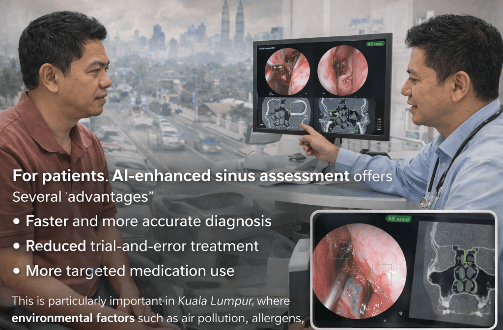 A doctor discusses AI-enhanced sinus assessment with a patient, showcasing images on a screen that illustrate the diagnosis advantages, including faster accuracy and targeted treatment.