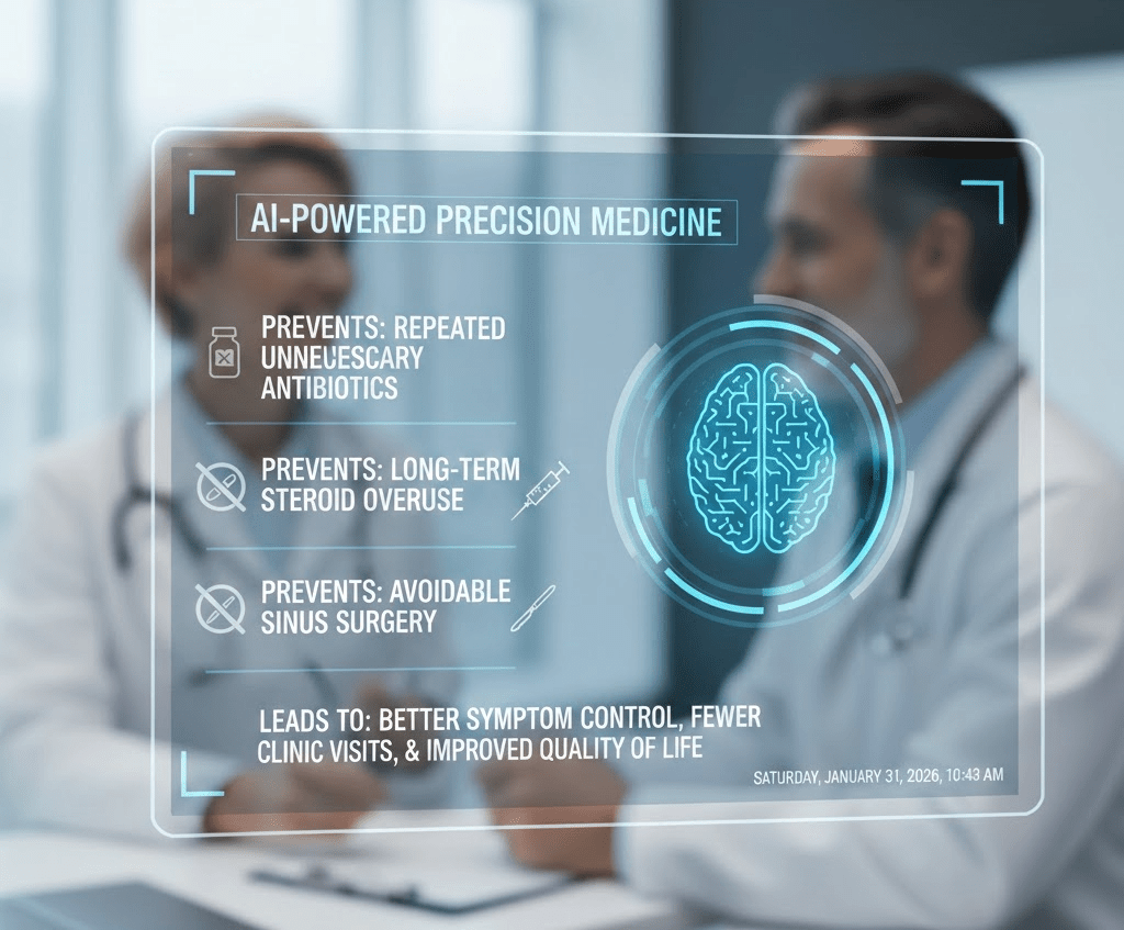An infographic showcasing AI-powered precision medicine benefits, including prevention of unnecessary antibiotics, long-term steroid use, and avoidable sinus surgery, with a focus on improved symptom control and quality of life.