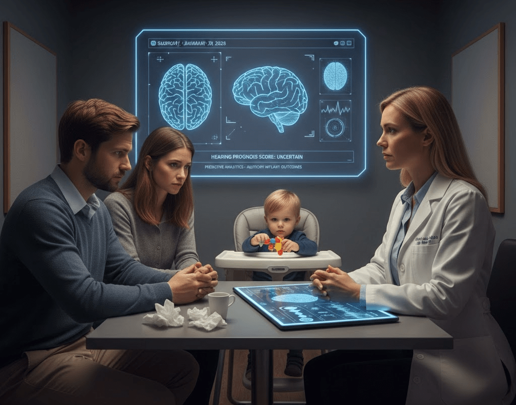 A concerned couple sits at a table in a medical office, listening to a doctor in a white coat. They are discussing a child's uncertain hearing prognosis, highlighted by a digital display of brain scans and analytics in the background. A toddler plays with toys in a high chair.
