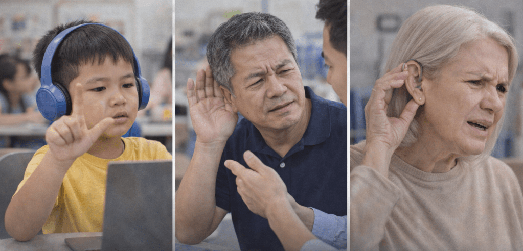 A young boy with headphones using a laptop and gesturing with his hand.